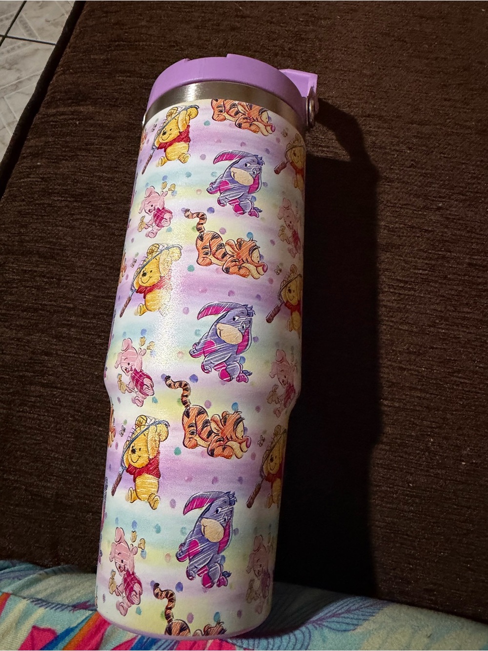 Cute Winnie the Pooh Characters Travel Tumbler - Pastel Purple Accents